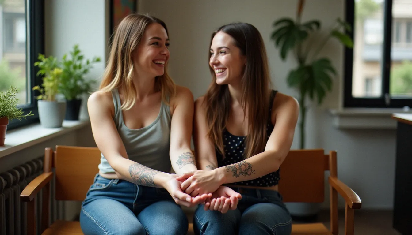 Deux meilleures amies montrant leur tatouage meilleur amie en commun — un petit motif floral identique sur le poignet intérieur — dans un studio de tatouage lumineux