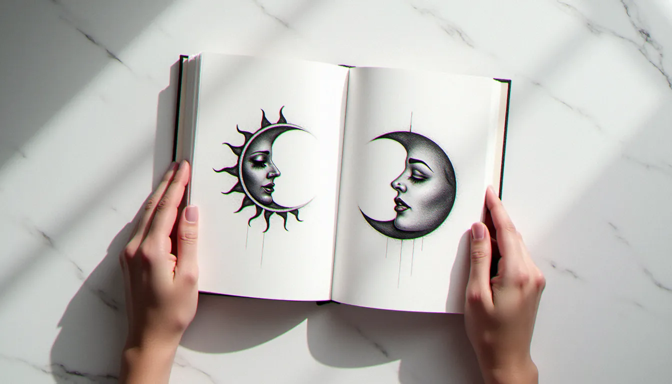 Carnet de croquis ouvert montrant deux motifs complémentaires lune et soleil pour un tatouage meilleur amie femme, tenus par des mains féminines