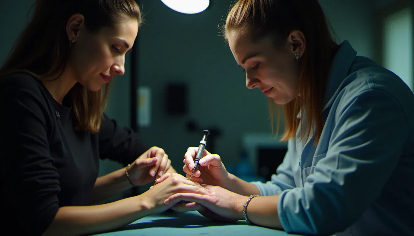Tatoueuse appliquant un tatouage meilleur amie femme sur le poignet d'une cliente dans un studio professionnel, avec son amie à ses côtés