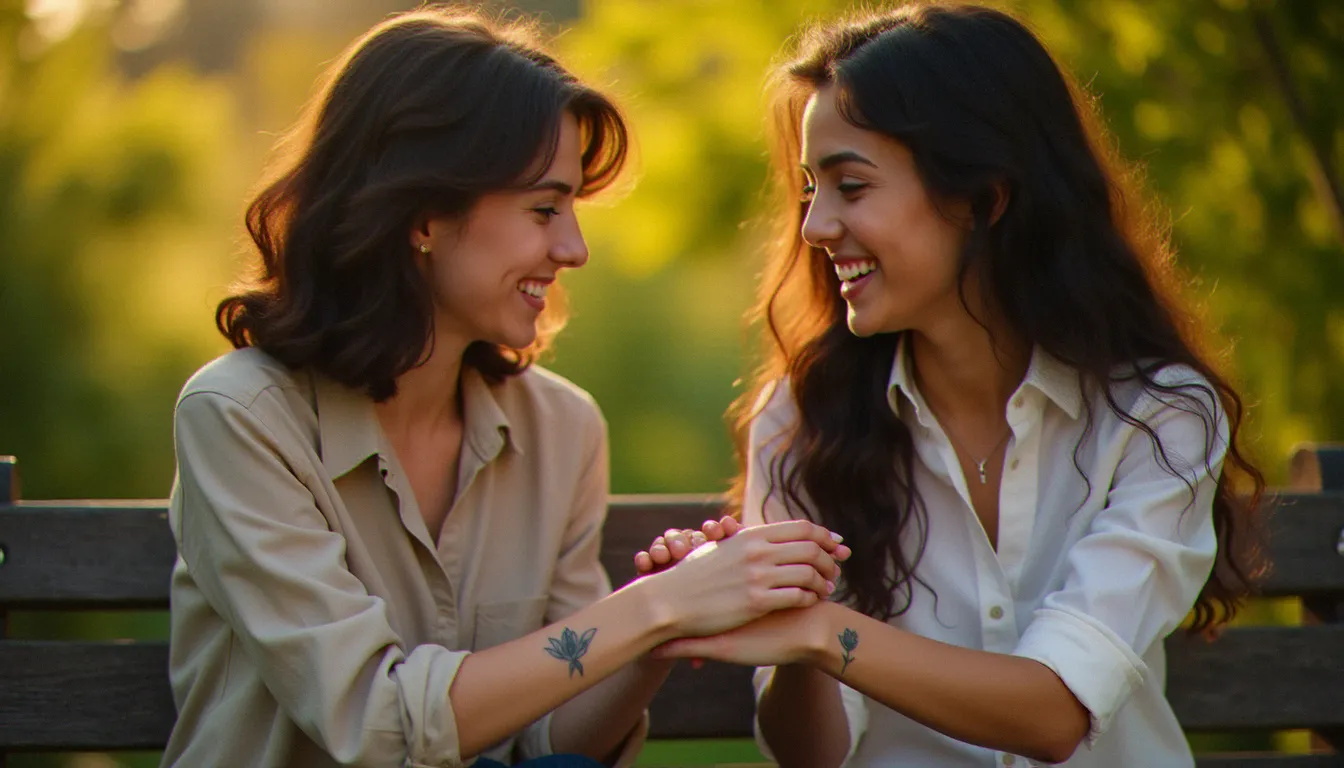 Deux femmes comparant leurs tatouages meilleur amie femme assortis sur le poignet, au soleil couchant dans un cadre naturel