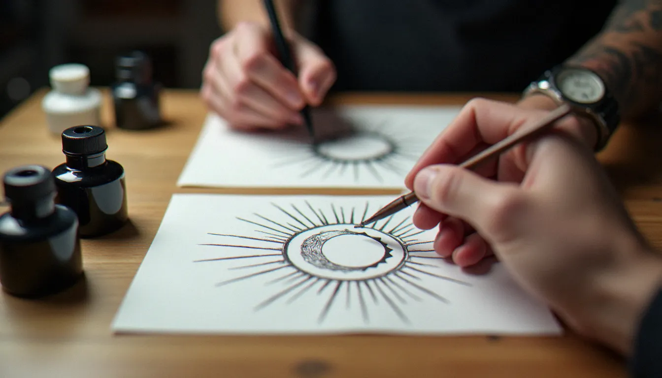 Croquis de tatouages amitié complémentaires soleil et lune posés sur un bureau de tatoueur avec encres et outils de dessin
