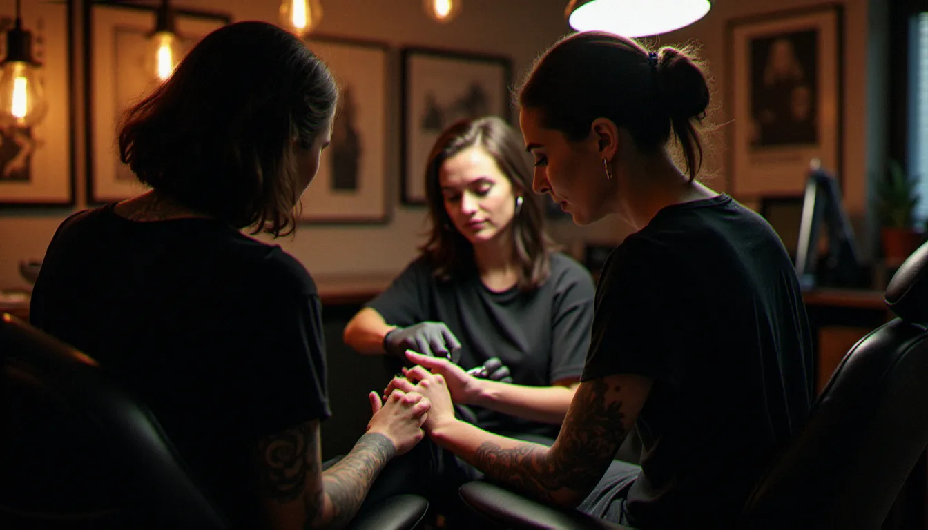 Deux amis en séance de tatouage dans un studio professionnel à Montpellier, l'un se faisant tatouer sur l'avant-bras pendant que l'autre lui tient la main