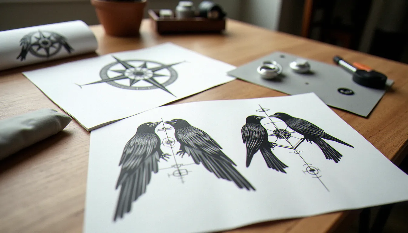 Esquisses de motifs de tatouage meilleur pote homme posées sur une table en bois, montrant des designs complémentaires géométriques et animaliers en encre noire