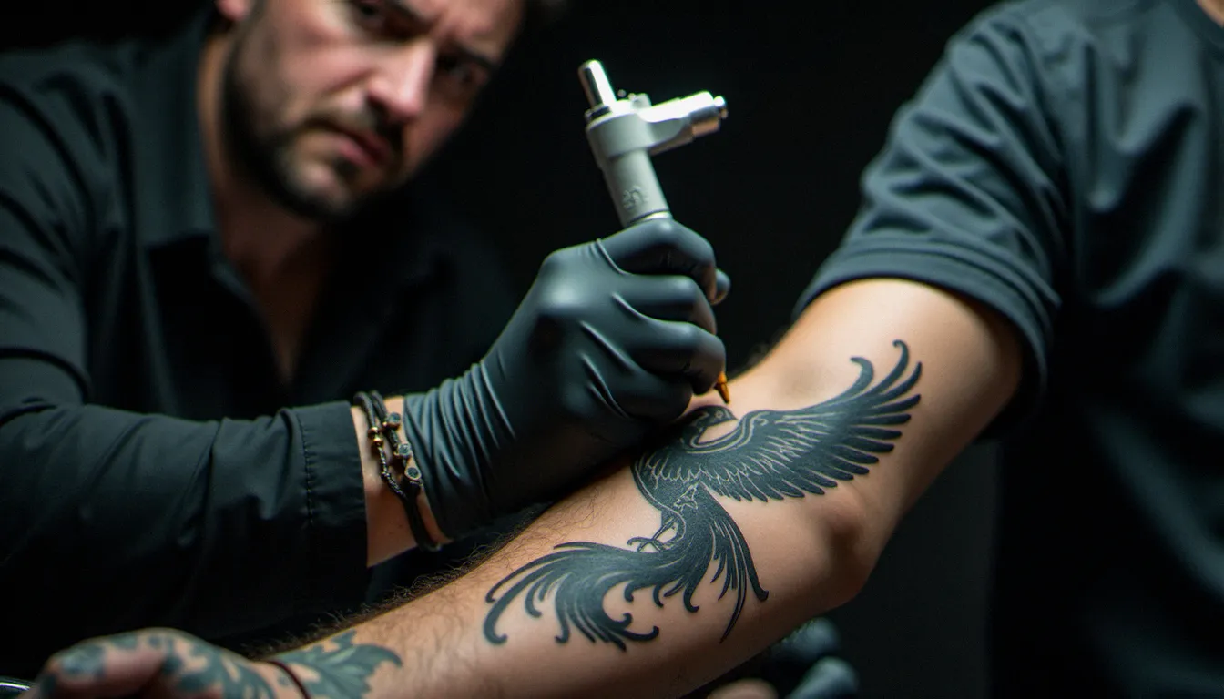Tatoueur travaillant sur un tatouage phénix en blackwork sur l'avant-bras d'un homme, pendant qu'un second homme observe la session dans un studio de tatouage professionnel
