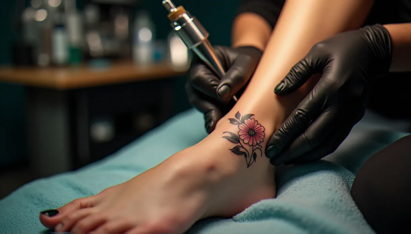 Tatoueuse réalisant un tatouage duo floral en fine line sur la cheville d'une cliente en studio professionnel
