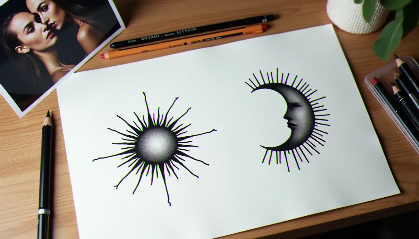 Croquis de tatouages meilleure amie complémentaires soleil et lune sur papier, phase de conception personnalisée en studio