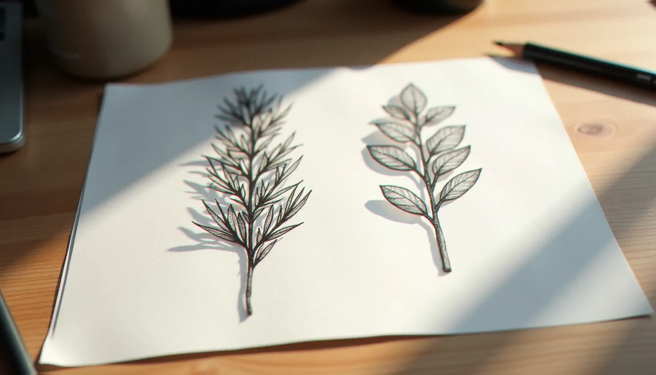 Croquis de tatouages meilleure amie originaux posés sur un bureau en bois, dessins à la main montrant des motifs complémentaires botaniques et géométriques