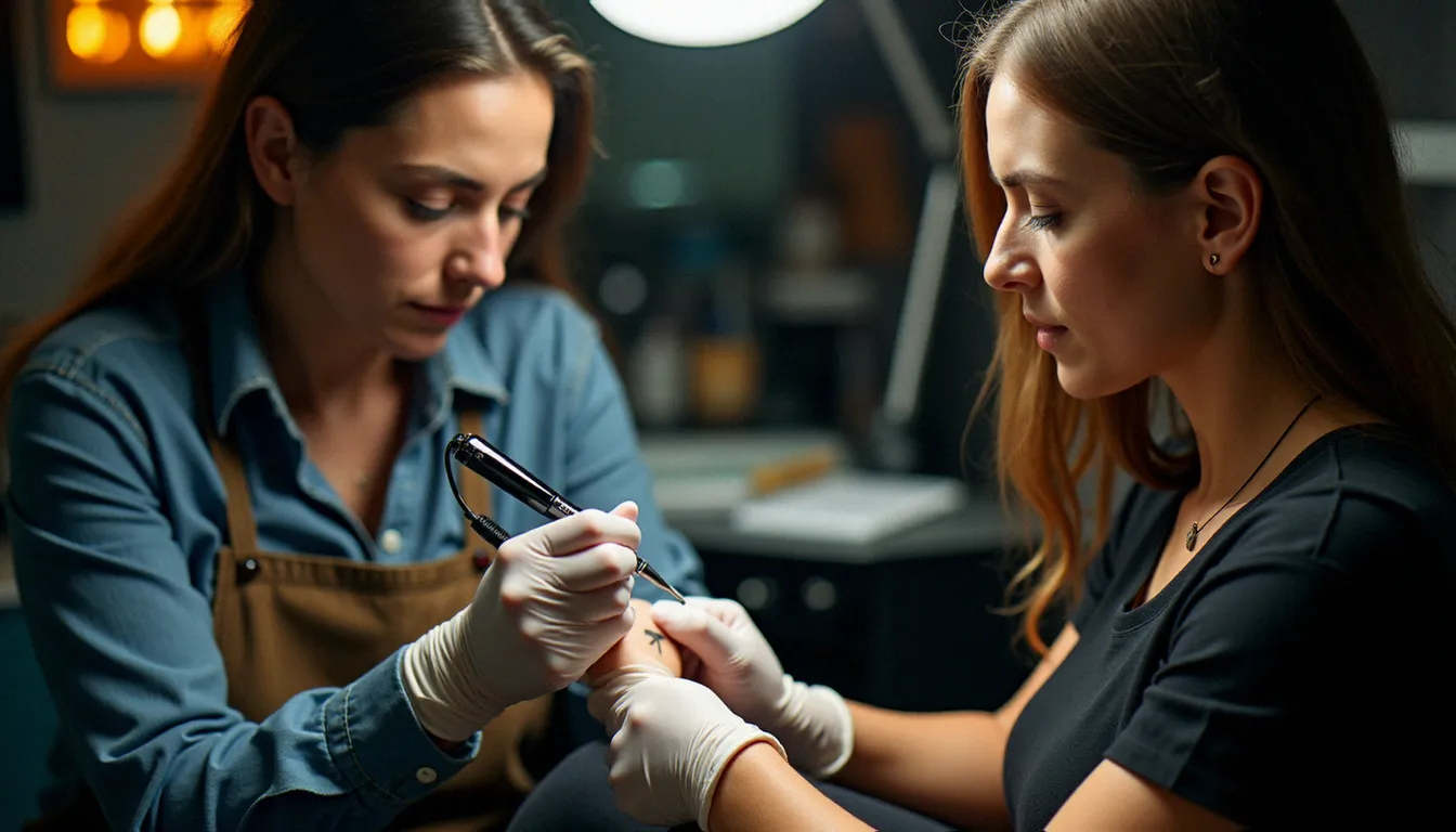 Tatoueuse professionnelle réalisant un tatouage meilleure amie original sur le poignet interne d'une cliente dans un studio professionnel éclairé chaleureusement