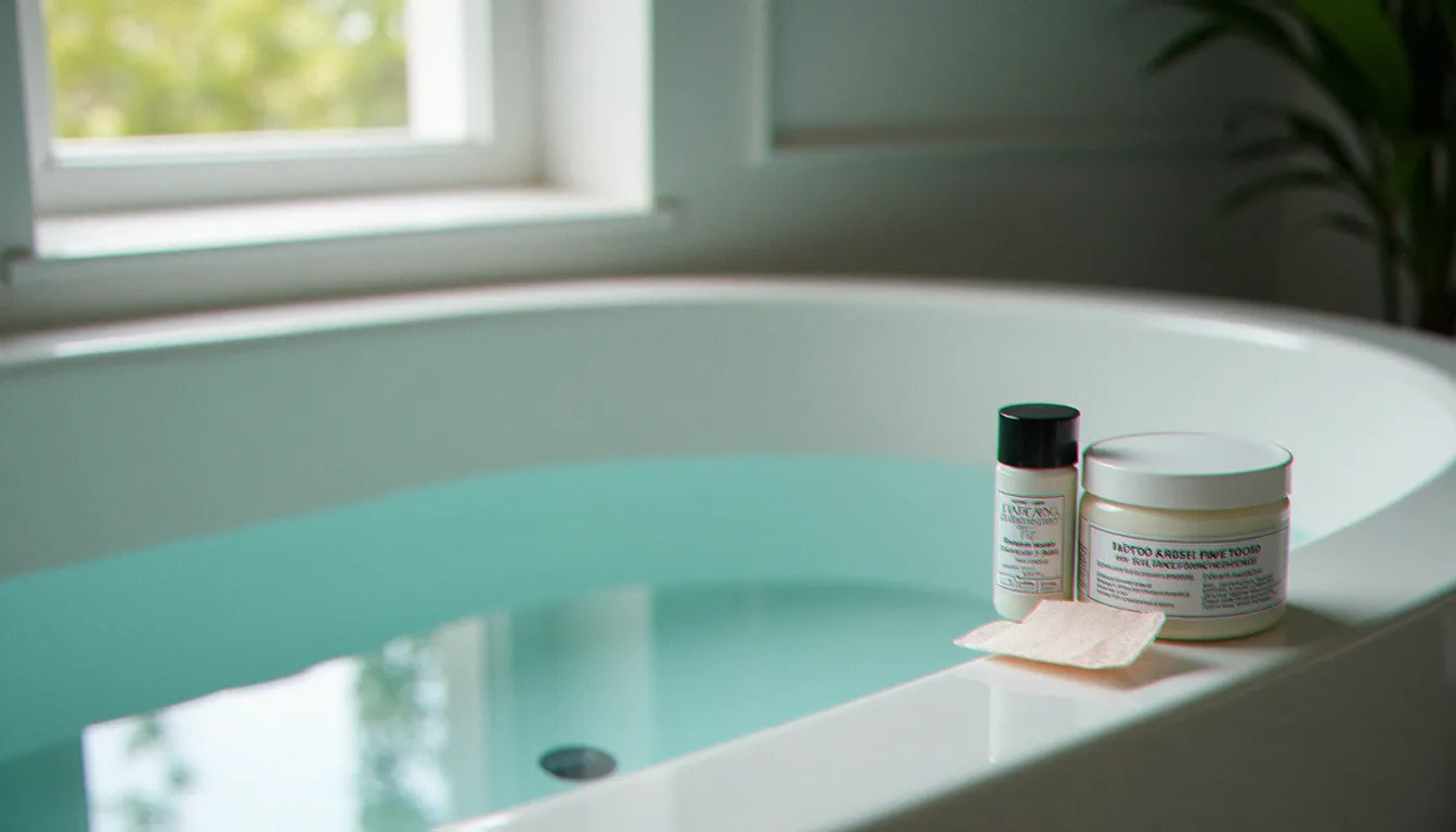 Baignoire remplie d'eau avec kit de soins post-tatouage posé sur le bord, symbolisant l'interdiction du bain après tatouage