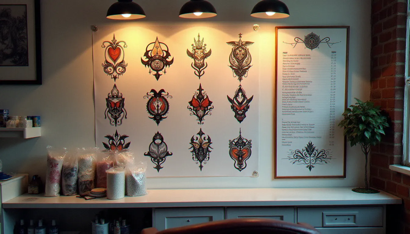 Mur d'un studio de tatouage avec des flash designs affichés et un comptoir équipé de matériel stérilisé, illustrant la transparence des tarifs en studio