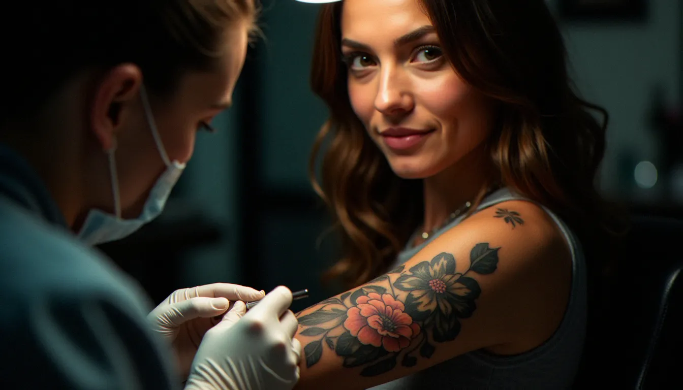 Jeune femme admirant son tatouage néo-traditionnel floral sur l'avant-bras après une séance, artiste appliquant le film protecteur cicatrisant