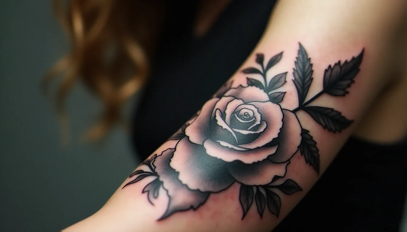 Gros plan sur un tatouage réaliste botanique en noir et gris sur avant-bras, exemple de qualité justifiant un tatouage prix premium en studio professionnel