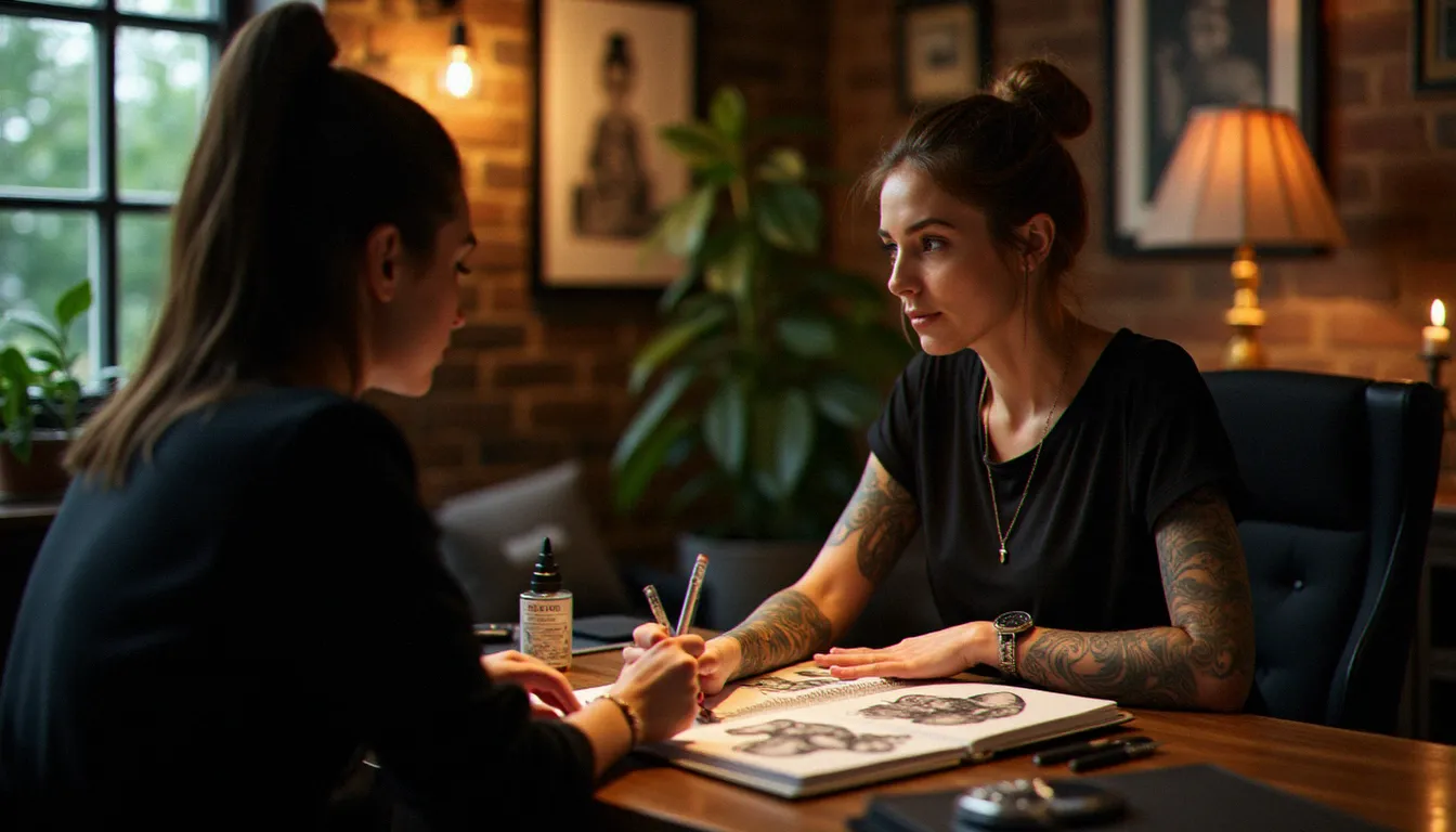 Consultation avant séance dans un studio de tatouage à Montpellier, cliente et tatoueuse discutant du projet et du tatouage prix autour d'un portfolio ouvert