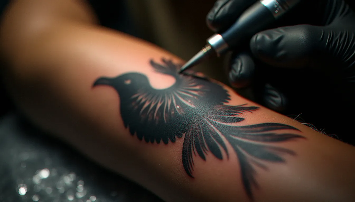 Gros plan d'un tatouage phoenix en noir et gris en cours de réalisation sur l'avant-bras, illustrant la complexité technique qui influence le prix d'un tatouage bras