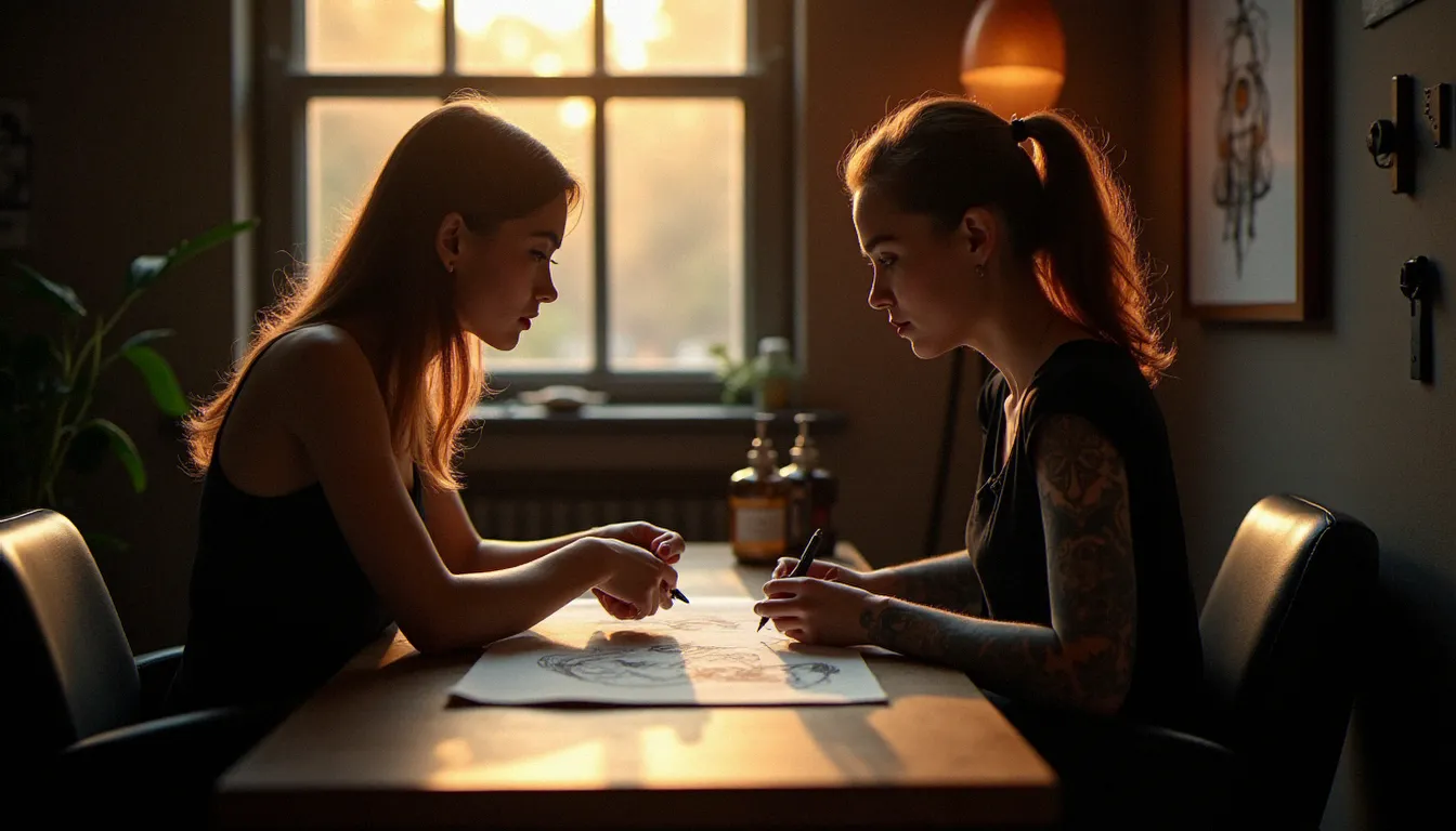 Consultation entre une cliente et une tatoueuse dans un studio de tatouage chaleureux, examinant ensemble des esquisses pour préparer le budget et le design d'un tatouage sur le bras