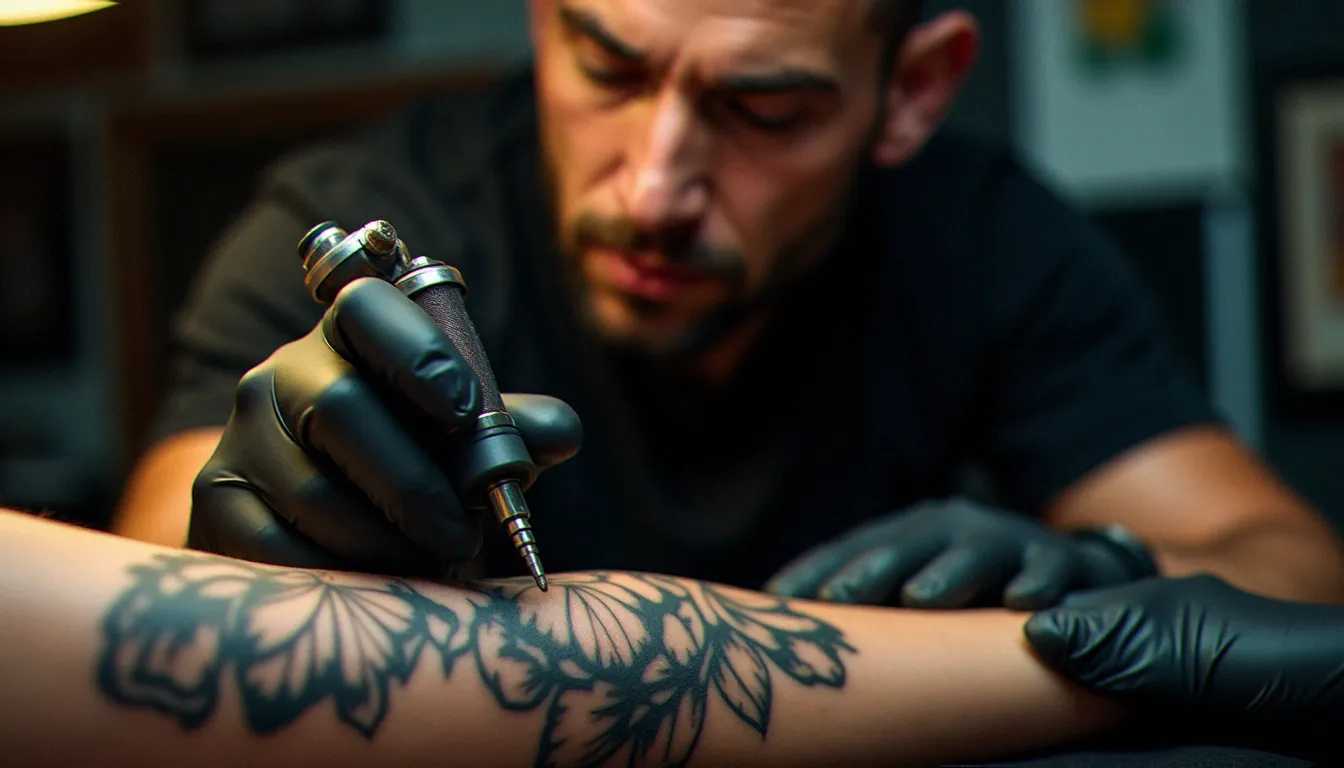 Tatoueuse en gants noirs tenant une machine rotative et réalisant un tatouage bras entier floral sur un client dans un studio de tatouage professionnel et lumineux