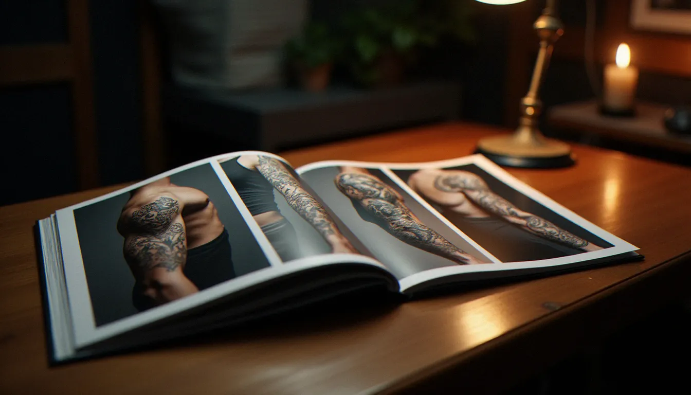 Portfolio ouvert de tatouages bras entier présentant plusieurs styles différents — japonais traditionnel, blackwork et réalisme — posé sur une table de consultation en bois dans un studio de tatouage