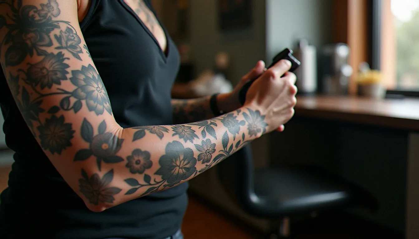 Tatouage bras entier de style botanique aquarelle en noir et gris couvrant le bras du poignet à l'épaule, photographié dans un studio de tatouage professionnel à la lumière naturelle