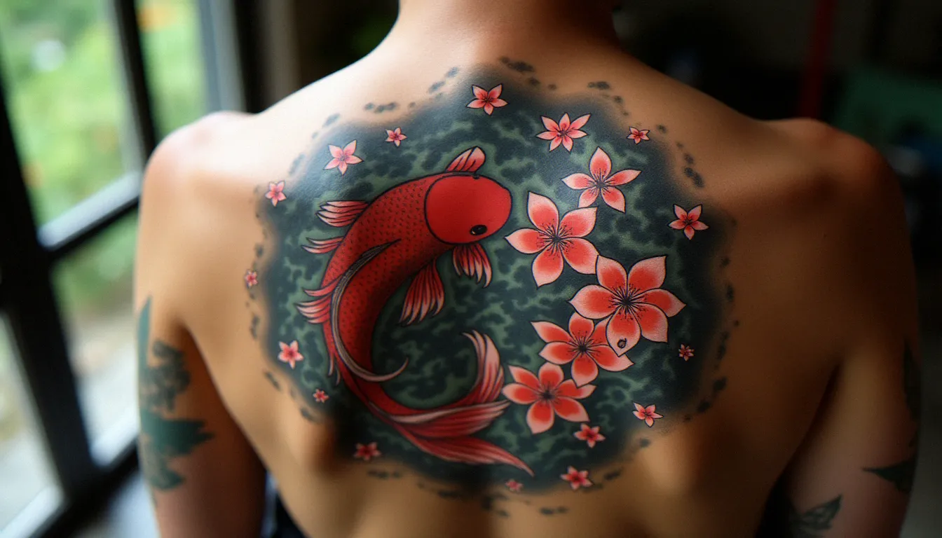 Grand tatouage dos de style japonais traditionnel avec carpe koï et fleurs de cerisier illustrant les tarifs d'un tatouage prix dos complet