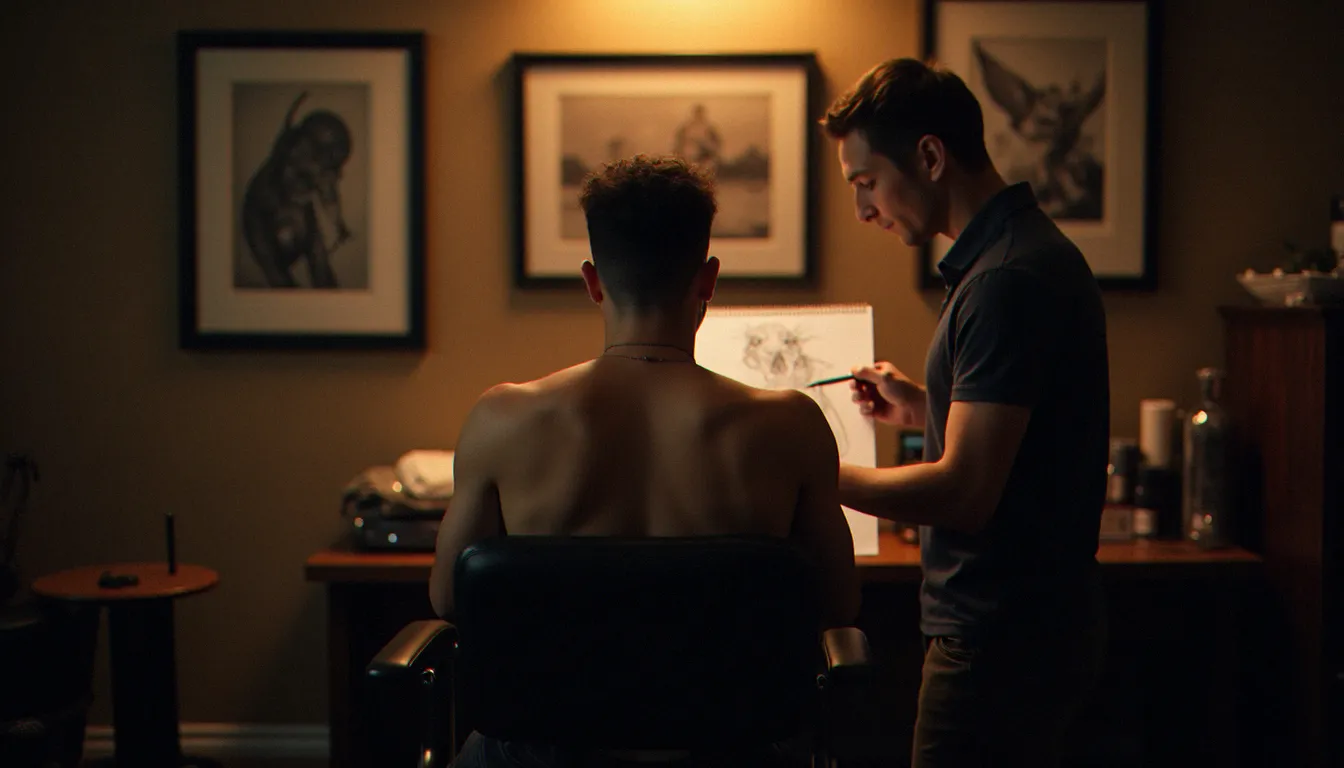Consultation entre tatoueur et client pour préparer la séance de tatouage dos, avec un dessin sur-mesure présenté dans un studio de tatouage professionnel