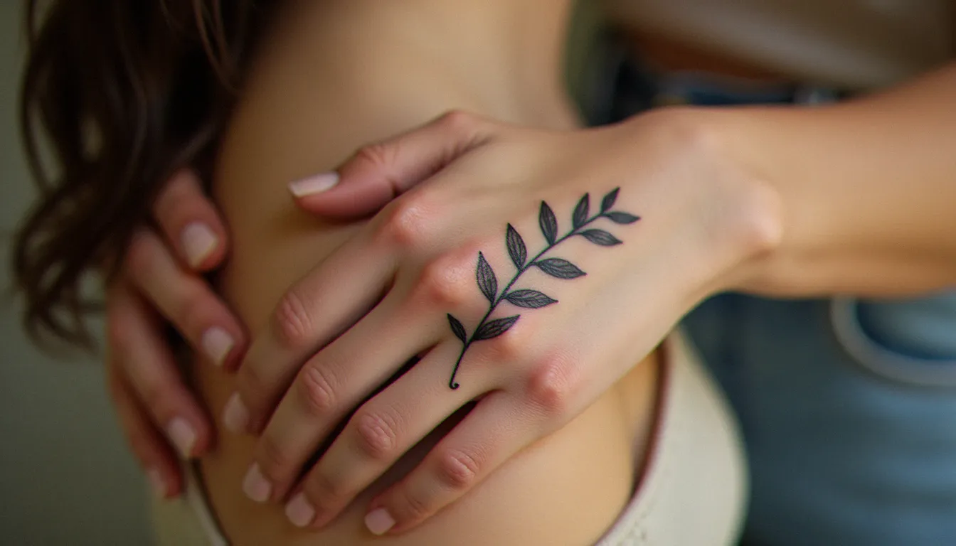 Tatouage fine line de branche botanique cicatrisé sur le dos de la main d'une femme, exemple de résultat après healing d'un tatouage prix main soigné
