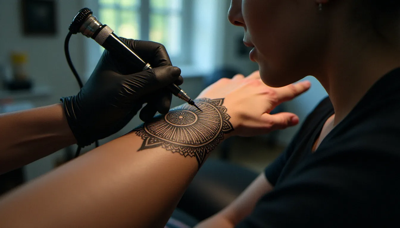 Tatoueur en train de réaliser un tatouage géométrique sur le dos de la main d'une cliente, illustration du tatouage prix main en studio professionnel