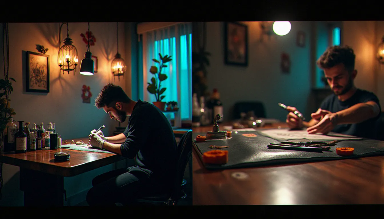 Comparaison visuelle entre un studio de tatouage professionnel moderne à Casablanca et un setup de tatouage artisanal sans équipement certifié