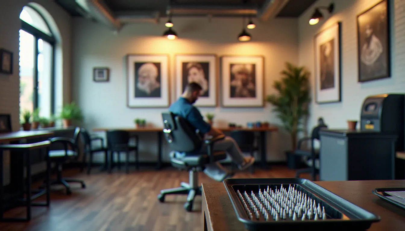 Intérieur lumineux d'un studio de tatouage professionnel avec poste de travail stérile, consommables à usage unique et flash art encadrés au mur