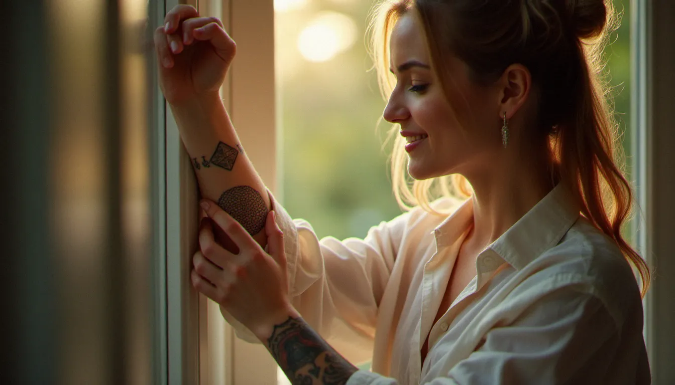 Jeune femme admirant son tatouage géométrique dotwork cicatrisé à la lumière naturelle, illustrant la satisfaction d'un investissement réussi dans un tatouage de qualité
