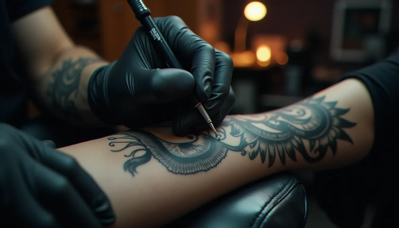 Tatoueuse professionnelle réalisant un tatouage de taille moyenne sur l'avant-bras d'un client dans un studio moderne, illustration du tatouage prix moyen en France