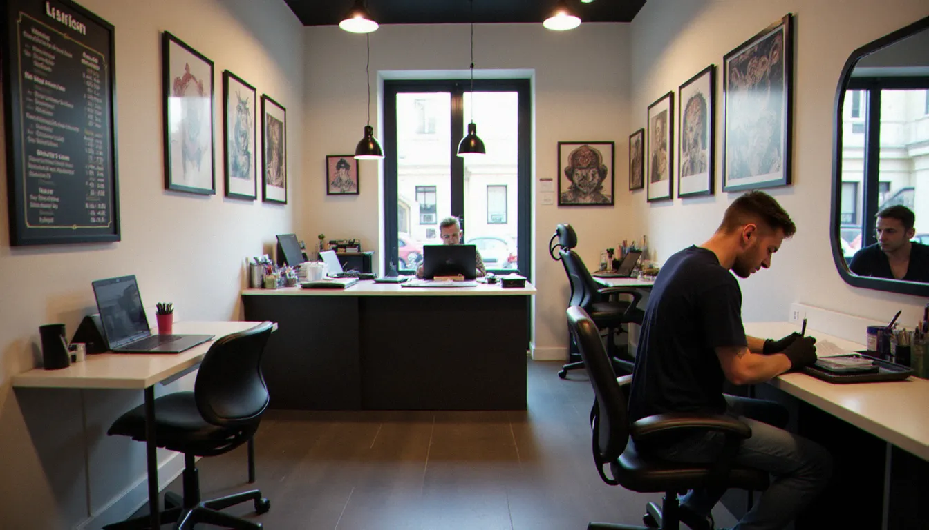 Intérieur d'un studio de tatouage moderne à Paris avec matériel stérile et espace de travail professionnel