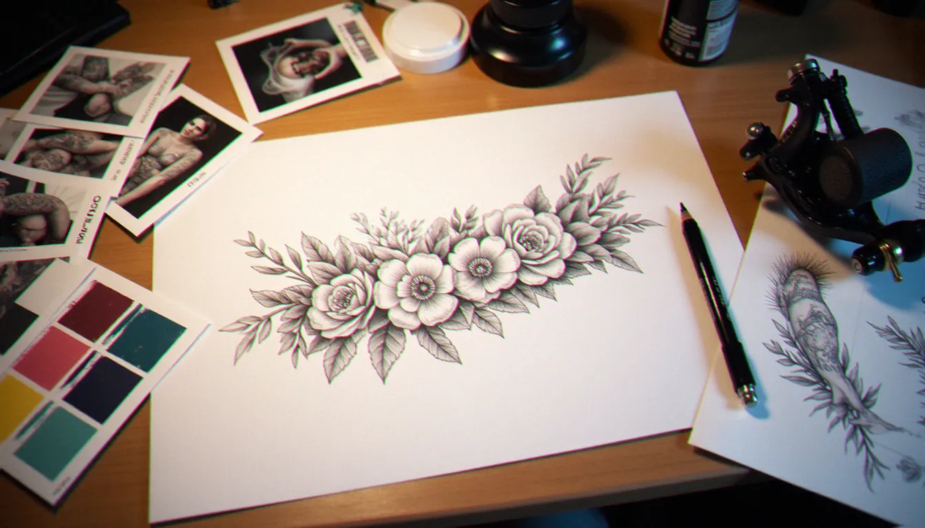 Espace de création d'un tatoueur avec croquis de projet de sleeve et matériel de travail, illustrant les facteurs influençant le prix d'un tatouage à Paris