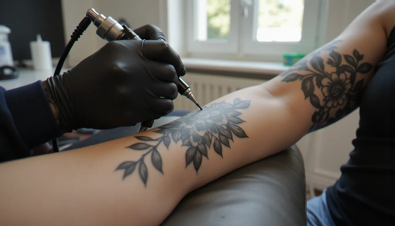 Tatoueur professionnel travaillant sur un tatouage botanique dans un studio parisien, illustration du tatouage prix Paris en 2026