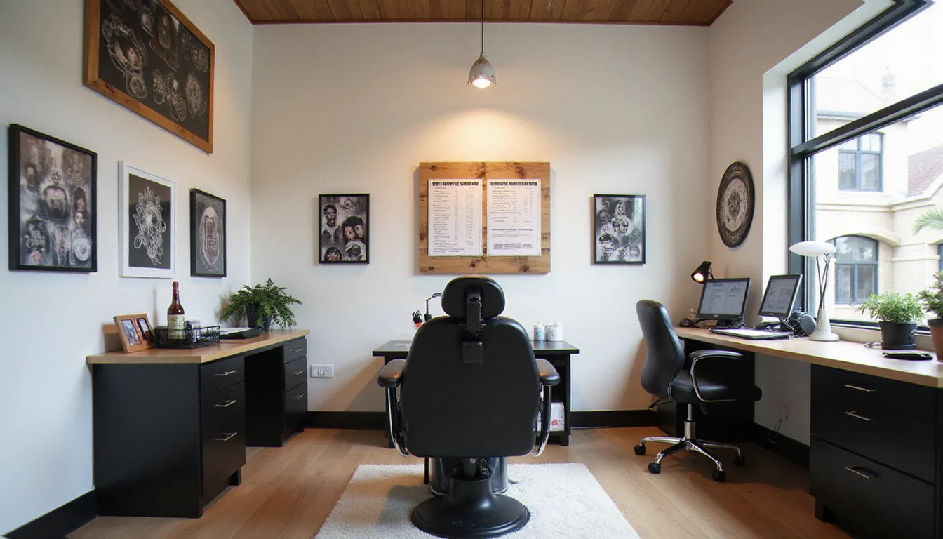 Intérieur d'un studio de tatouage moderne avec affichage des tarifs et planches de flash tattoos encadrées