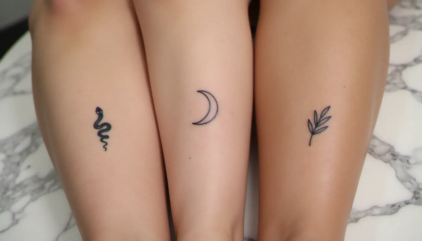 Collection de petits tatouages cicatrisés sur différentes carnations montrant la qualité du rendu à long terme