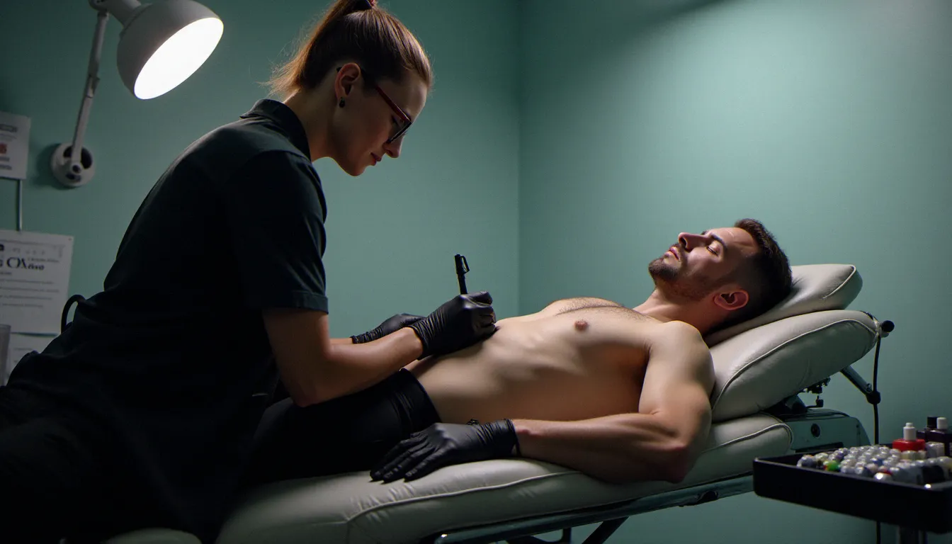 Tatoueur professionnel équipé de gants noirs préparant la zone pubienne d'un client masculin allongé avant une session de tatouage