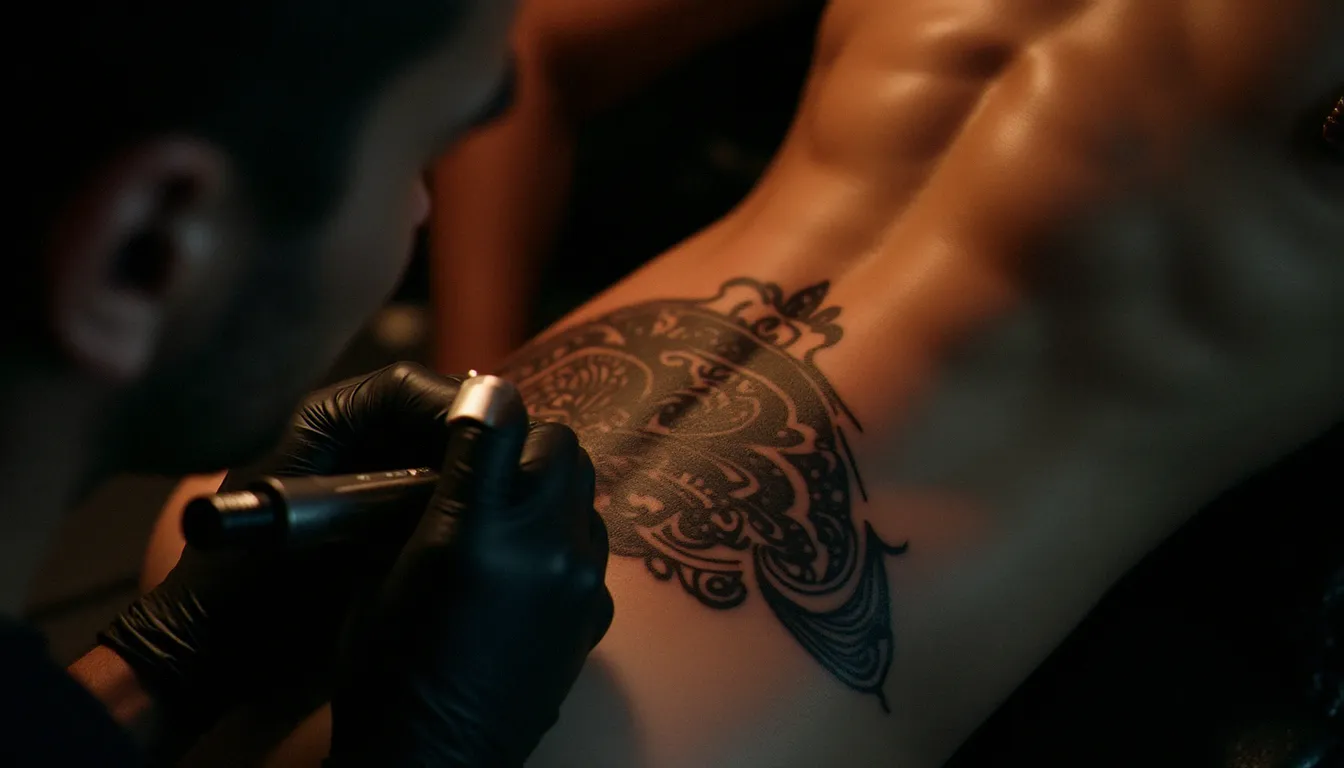 Artiste tatoueur réalisant un motif ornemental géométrique fin sur le bas-ventre et la hanche d'un homme pendant une séance de tatouage pubis