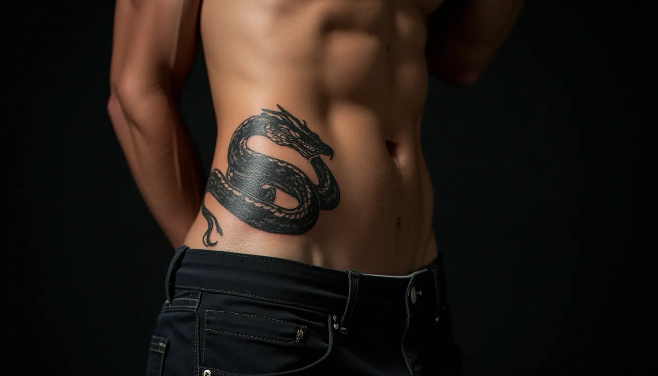 Tatouage pubis homme représentant un serpent en noir et gris sur le bas-ventre et la crête iliaque d'un homme athlétique