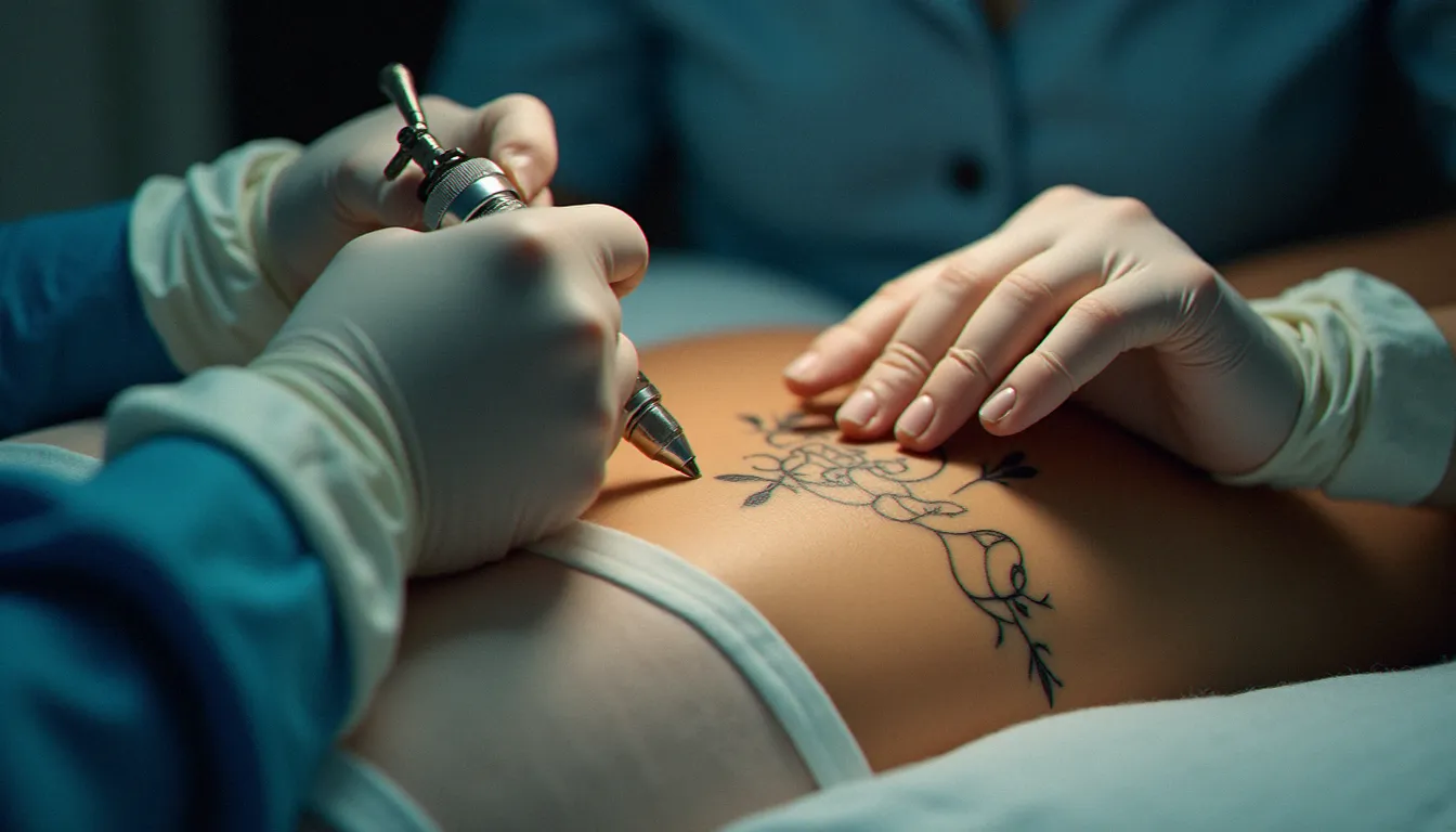 Tatoueuse en gants réalisant un tatouage tétons cancer sur une poitrine reconstruite après mastectomie, en studio professionnel bien éclairé