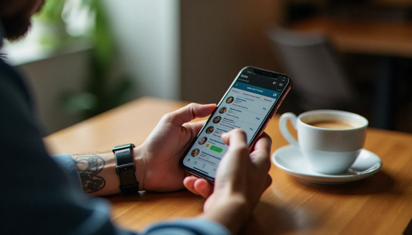 Client consultant les avis d'un studio de tatouage sur son téléphone avant de prendre rendez-vous