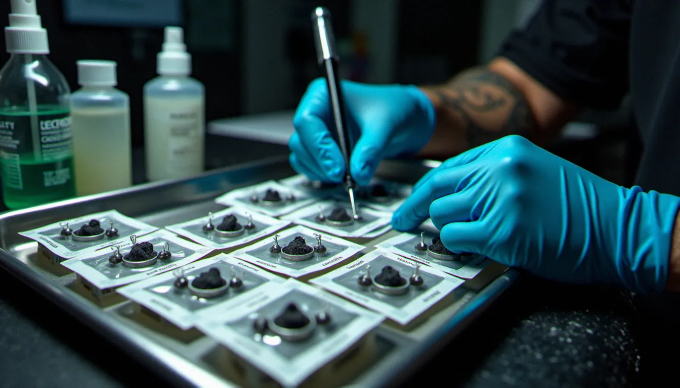 Plan de travail d'un tatoueur avec matériel à usage unique, godets d'encre jetables et gants stériles, représentant les standards d'hygiène d'un bon studio