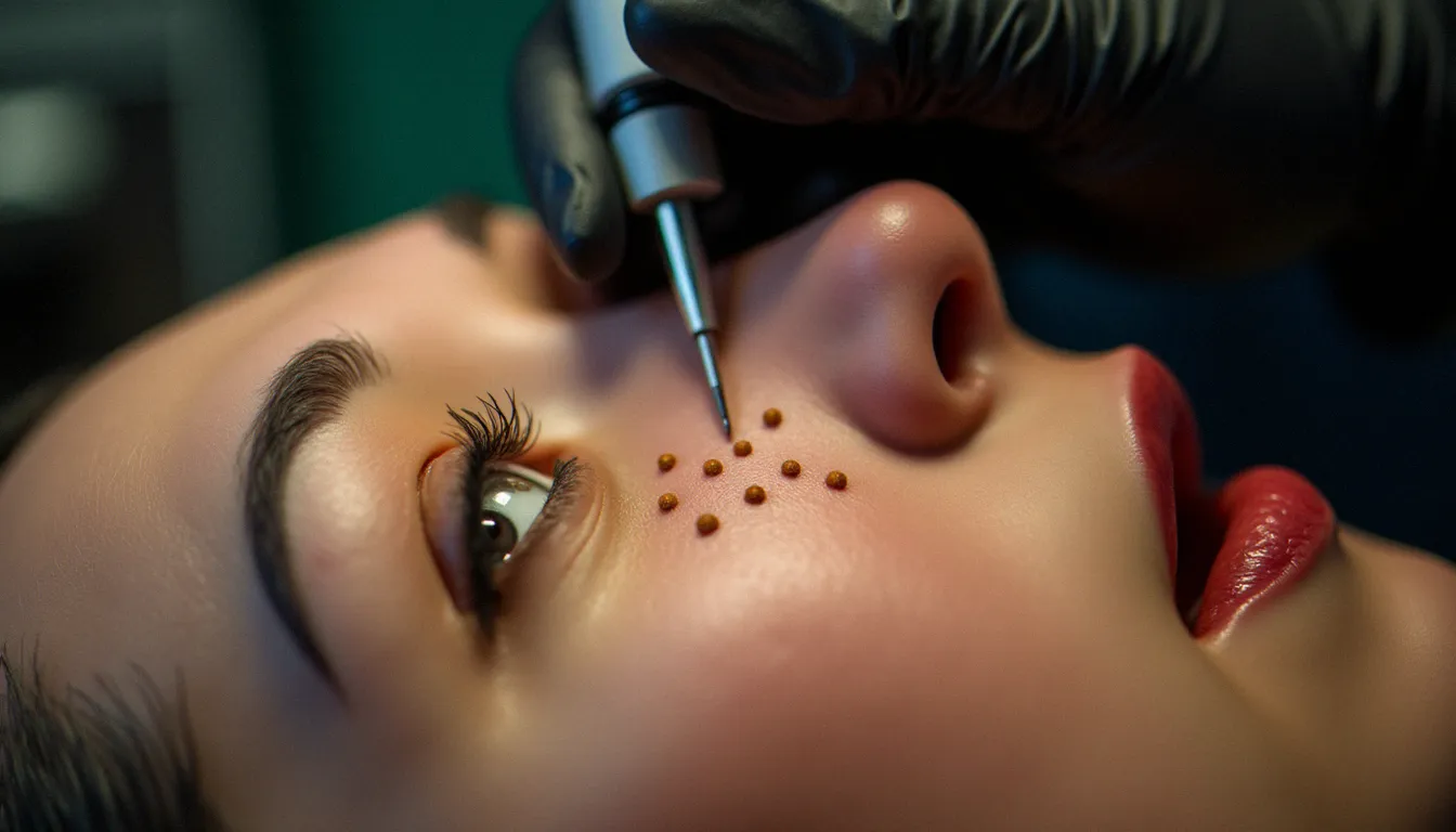 Gros plan d'un tatoueur en train de poser des micro-points bruns pour simuler des taches de rousseur sur la joue d'une cliente
