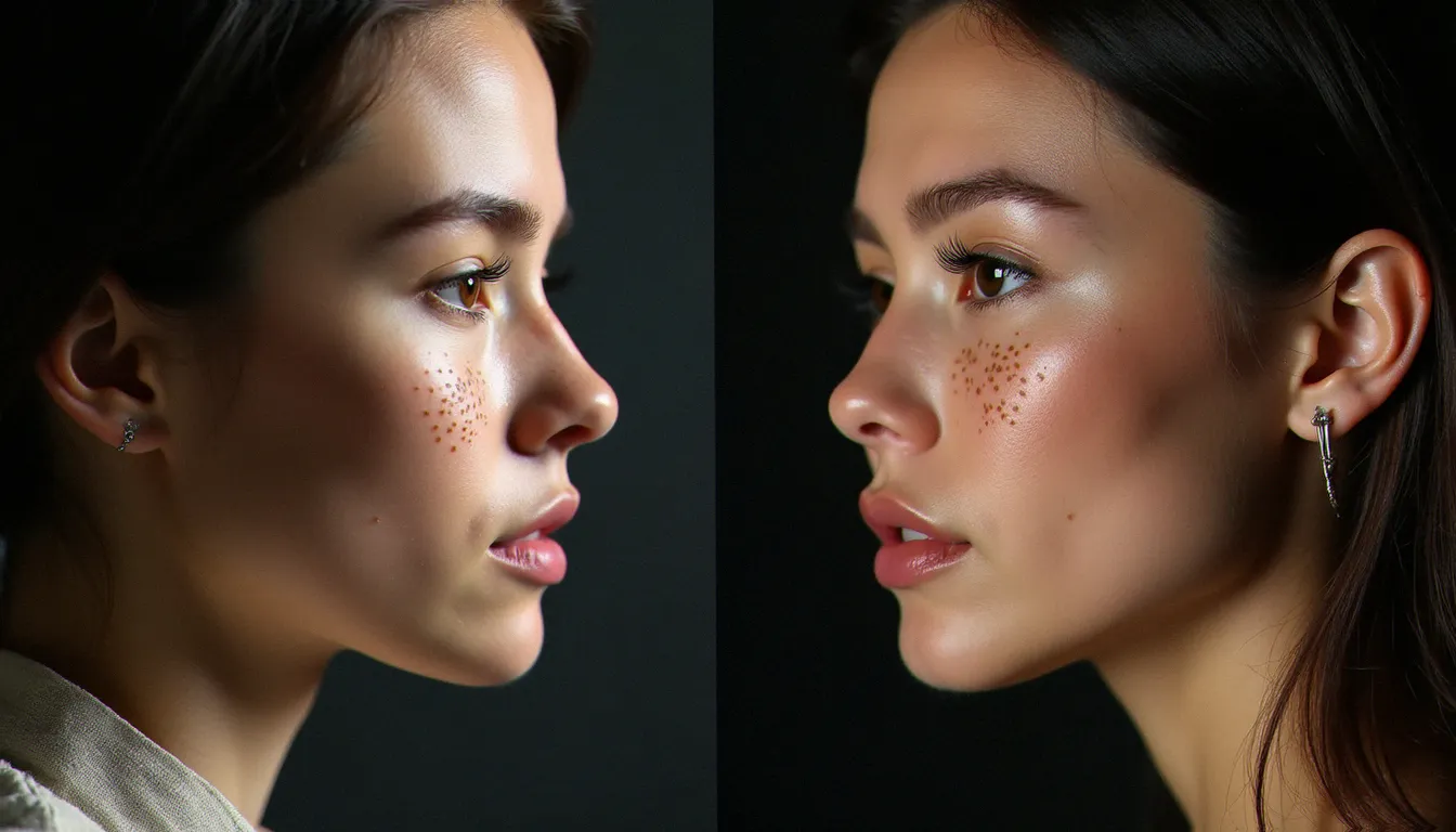 Comparaison avant après d'un tatouage tache de rousseur sur le visage d'une jeune femme, résultat naturel sur le nez et les pommettes