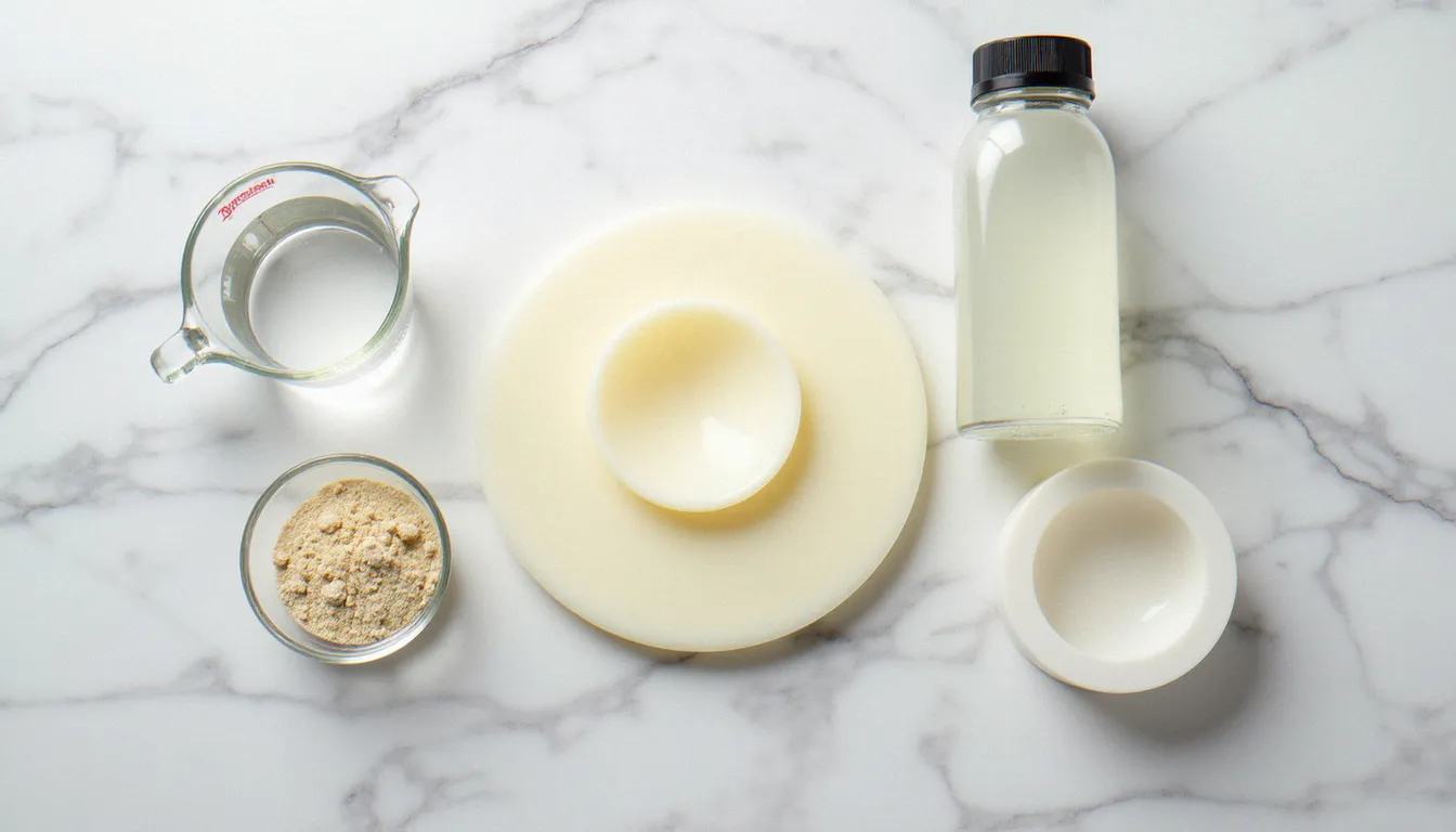 Vue du dessus des ingrédients pour recette de fausse peau tatouage : gélatine en poudre, glycérine végétale, eau et moule en silicone sur marbre blanc