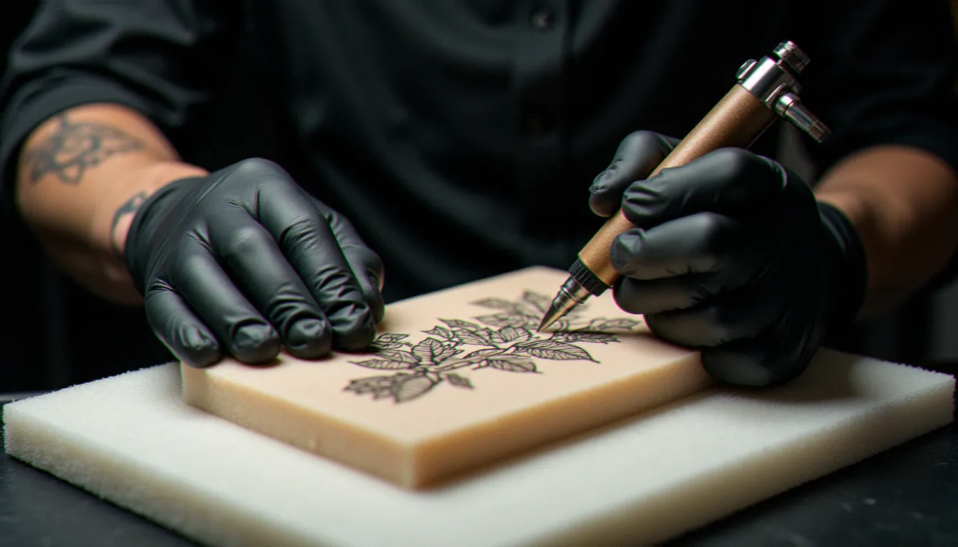 Tatoueuse en gants pratiquant un motif floral en fines lignes sur une fausse peau synthétique posée sur un support en mousse dans un studio de tatouage professionnel
