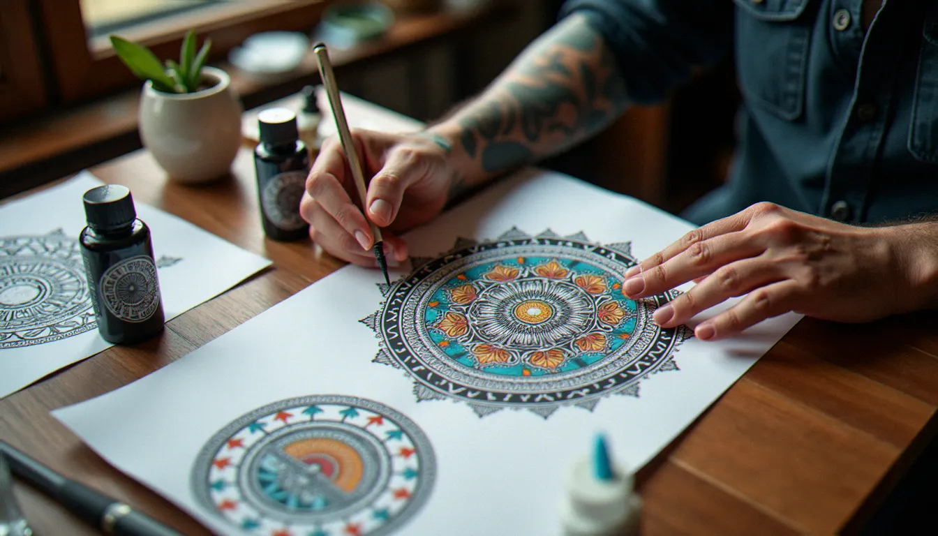 Mains d'une tatoueuse esquissant un mandala des 4 éléments sur papier dans un studio de tatouage, entourée de références symboliques du feu, de l'eau, de la terre et de l'air