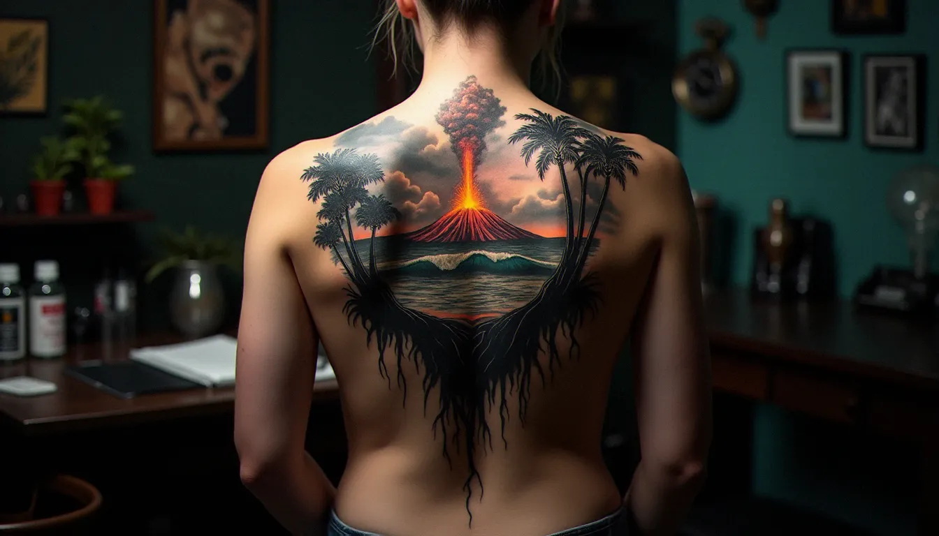 Tatouage dos complet en blackwork représentant les 4 éléments naturels unifiés dans un paysage — volcan, vagues, nuages et racines — réalisé dans un studio de tatouage à Montpellier
