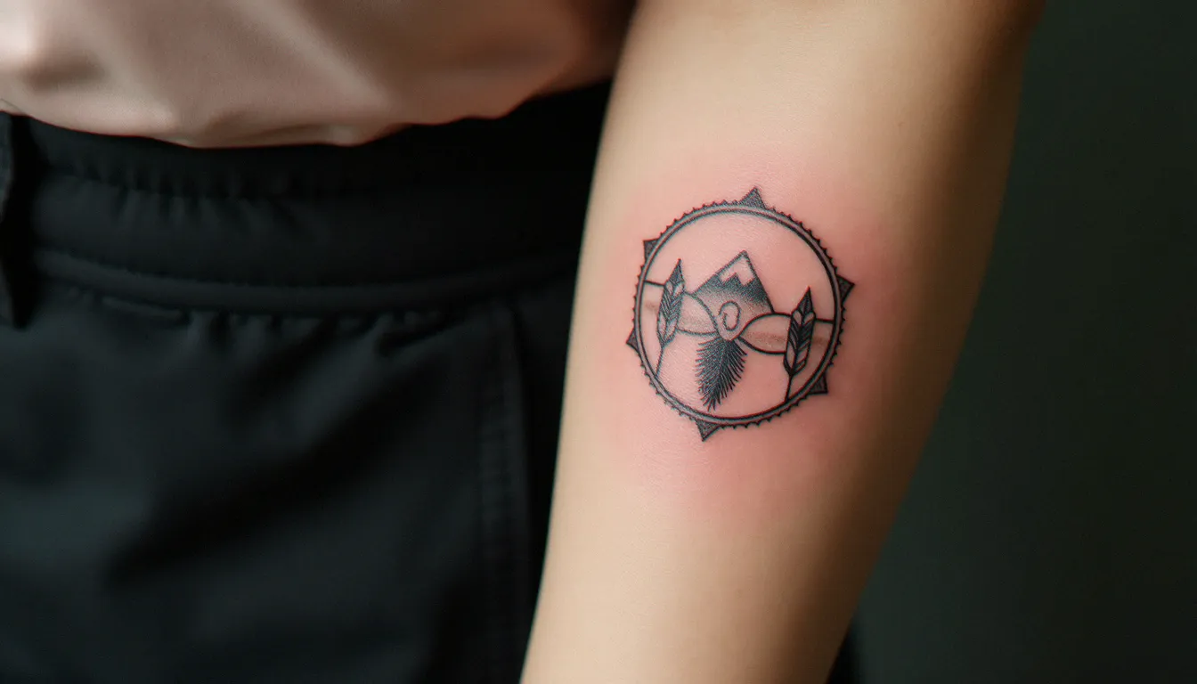 Tatouage naturel 4 éléments en linework géométrique sur un avant-bras féminin, représentant la flamme, la vague, la montagne et la plume dans une composition circulaire