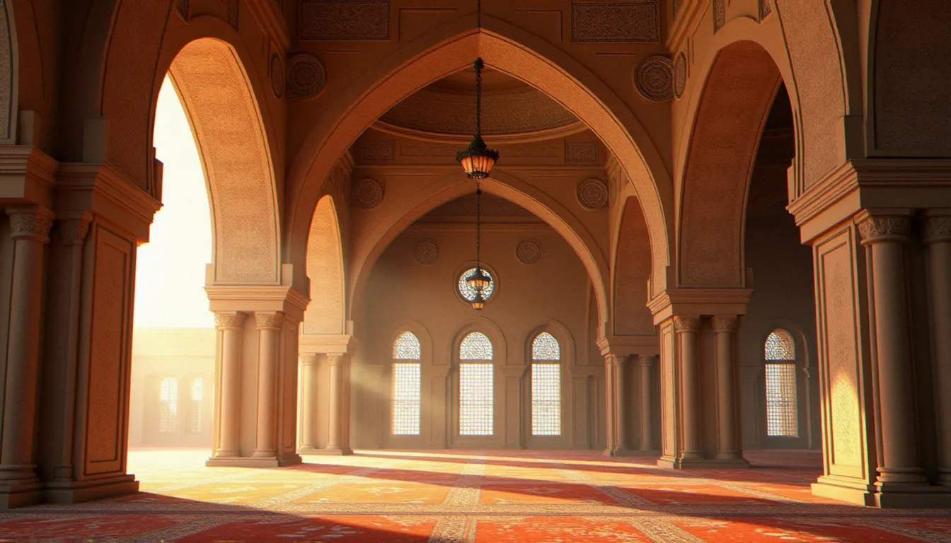 Intérieur d'une mosquée aux mosaïques géométriques baigné de lumière dorée, évoquant le cadre religieux dans lequel s'inscrit l'interdiction du tatouage en islam