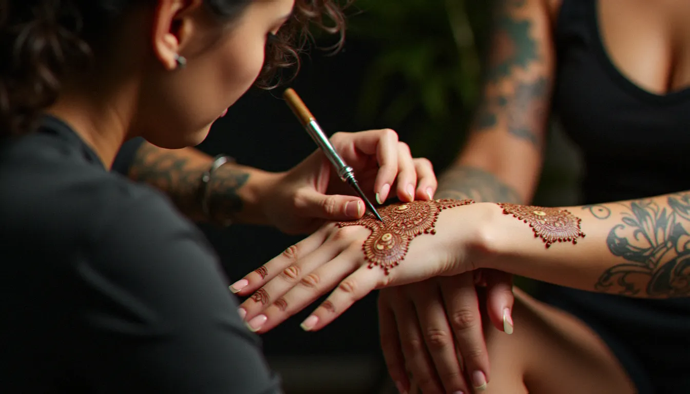 Tatoueuse appliquant du henné traditionnel sur la main d'une cliente, illustrant la distinction entre tatouage temporaire autorisé et tatouage permanent interdit en islam